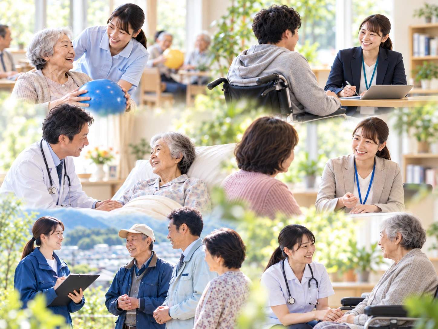 介護・障がい福祉・訪問医療の現場で、高齢者や利用者、地域の人々と笑顔で向き合う職員たち