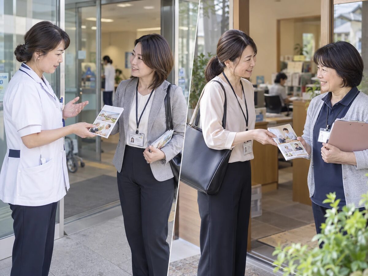 複数の地域で、関係機関の担当者にパンフレットをご案内するTHRIVEスタッフ