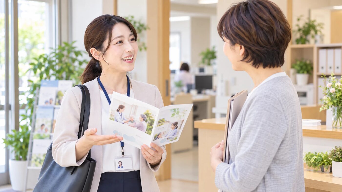 地域の関係機関の担当者にパンフレットをご案内するTHRIVEスタッフ