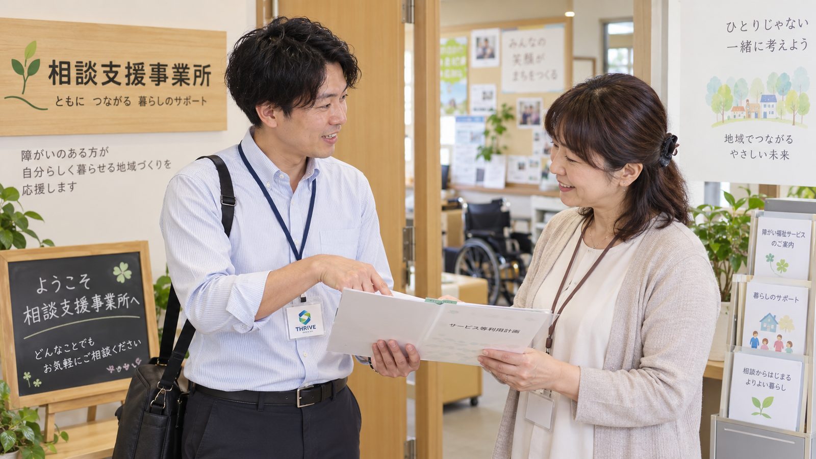 相談支援事業所の相談員にサービス資料をご案内するTHRIVEスタッフ